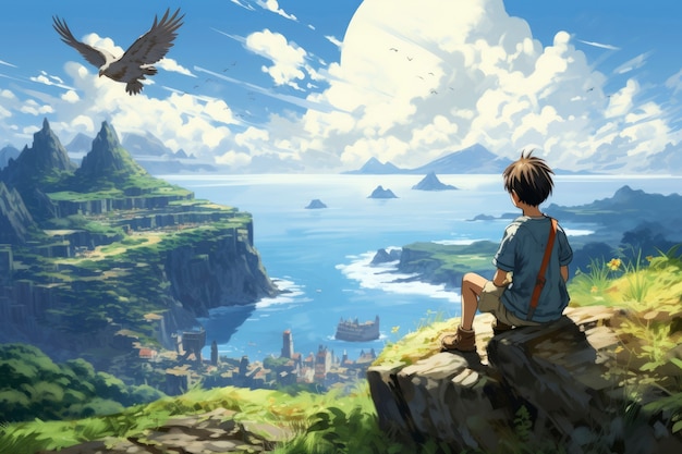 Scena in stile fantasy con paesaggio di montagne
