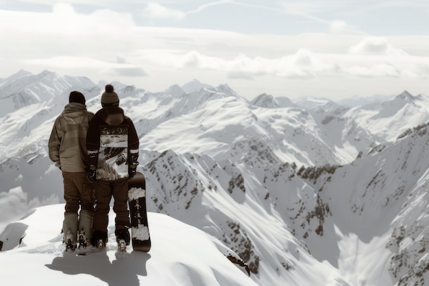 Scena invernale con persone che fanno snowboard