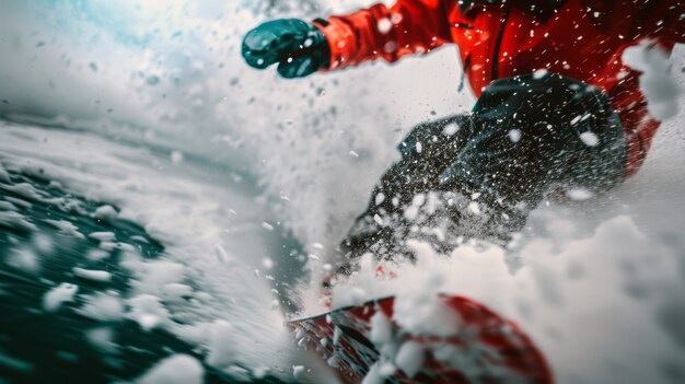 Scena invernale fotorealista con persone che fanno snowboard
