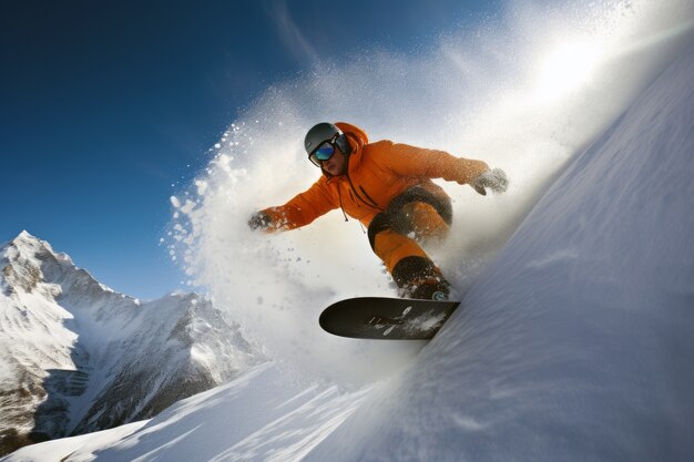 Scena invernale fotorealista con persone che fanno snowboard