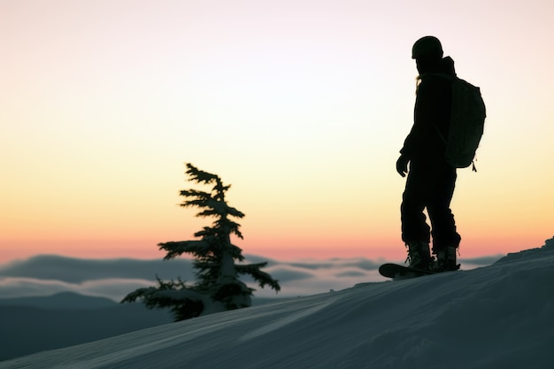 Scena invernale fotorealista con persone che fanno snowboard