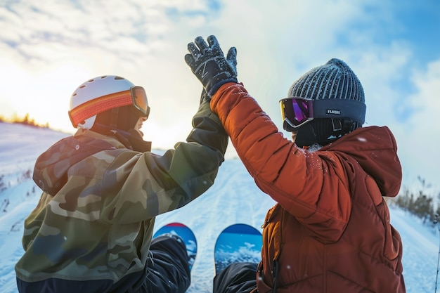 Scena invernale fotorealista con persone che fanno snowboard