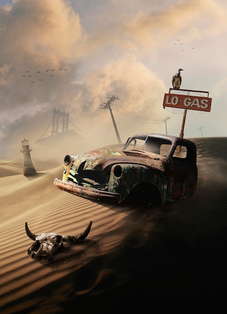 Scena misteriosa con auto arrugginita nel deserto