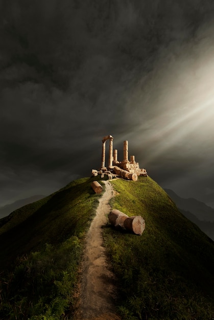 Scena misteriosa con tronchi di legno sulla collina