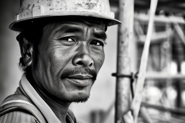 Scena monocromatica che raffigura la vita dei lavoratori in un cantiere dell'industria edile