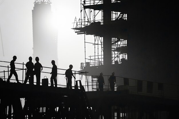 Scena monocromatica che raffigura la vita dei lavoratori in un cantiere dell'industria edile