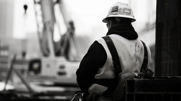 Scena monocromatica che raffigura la vita dei lavoratori in un cantiere dell'industria edile