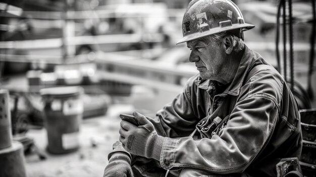 Scena monocromatica che raffigura la vita dei lavoratori in un cantiere dell'industria edile