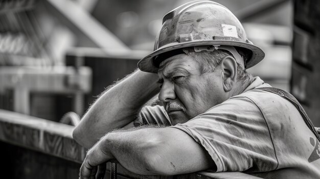 Scena monocromatica che raffigura la vita dei lavoratori in un cantiere dell'industria edile