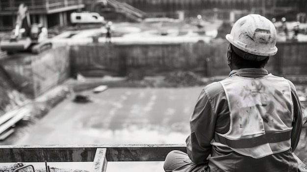 Scena monocromatica che raffigura la vita dei lavoratori in un cantiere dell'industria edile