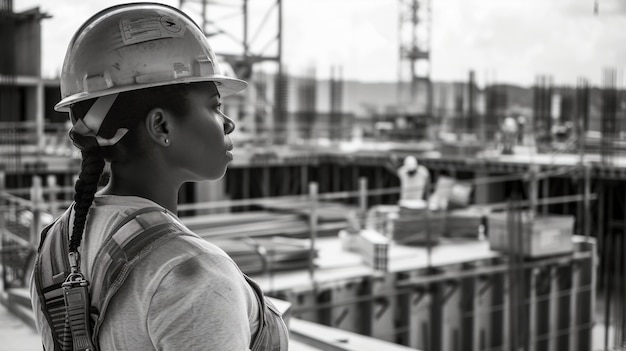 Scena monocromatica che raffigura la vita dei lavoratori in un cantiere dell'industria edile