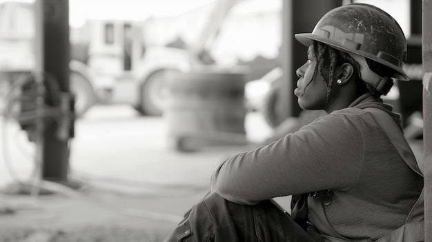 Scena monocromatica che raffigura la vita dei lavoratori in un cantiere dell'industria edile