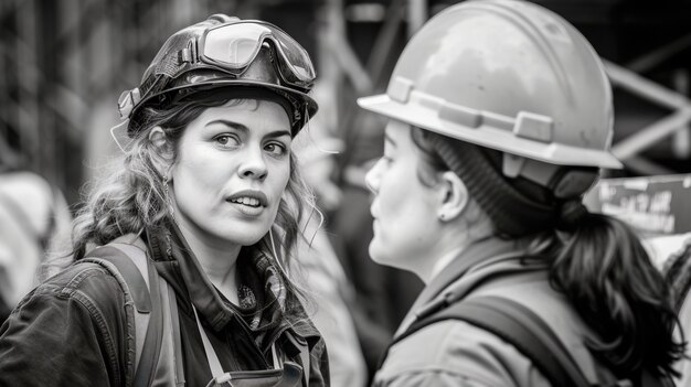 Scena monocromatica che raffigura la vita dei lavoratori in un cantiere dell'industria edile