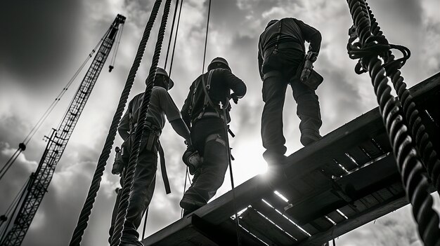 Scena monocromatica che raffigura la vita dei lavoratori in un cantiere dell'industria edile