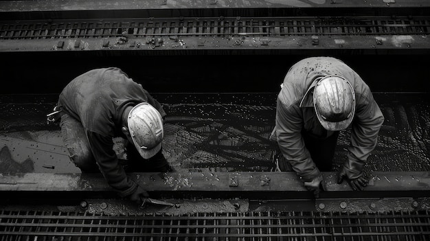 Scena monocromatica che raffigura la vita dei lavoratori in un cantiere dell'industria edile