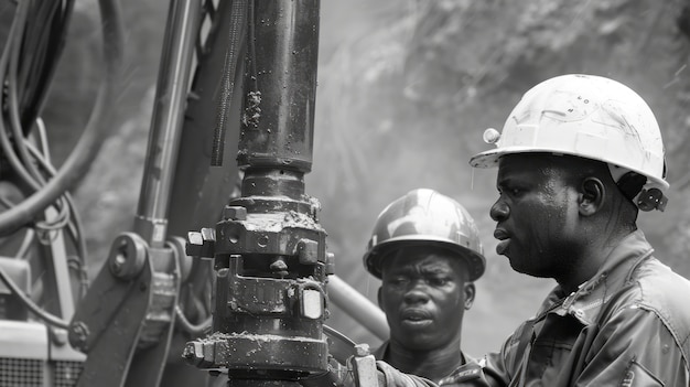 Scena monocromatica che raffigura la vita dei lavoratori in un cantiere dell'industria edile