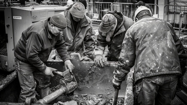 Scena monocromatica che raffigura la vita dei lavoratori in un cantiere dell'industria edile