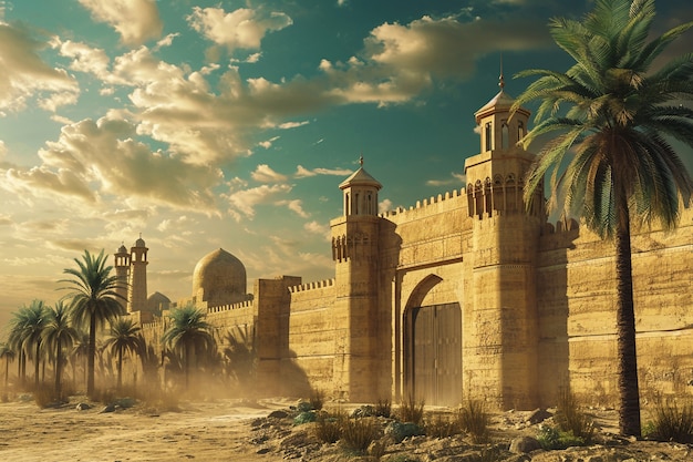 Scena paesaggistica dell'antica Baghdad ispirata ai videogiochi