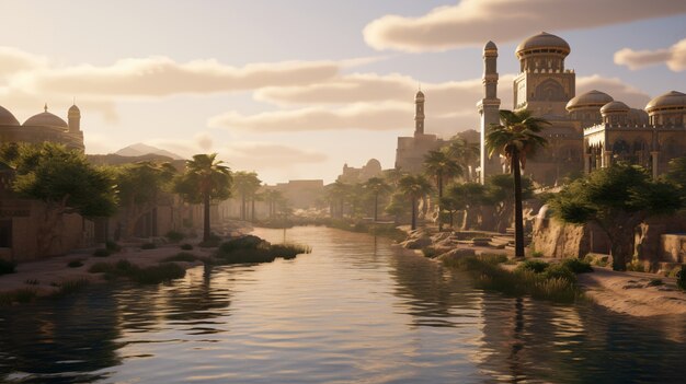 Scena paesaggistica dell'antica Baghdad ispirata ai videogiochi