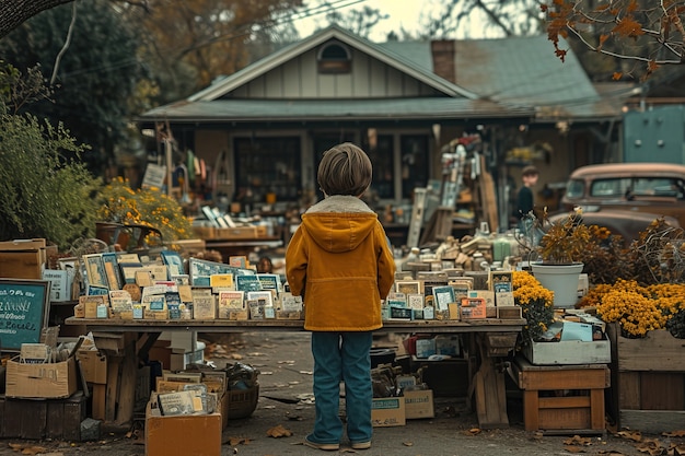 Scena realistica con un bambino piccolo ad una vendita di giardino nel quartiere