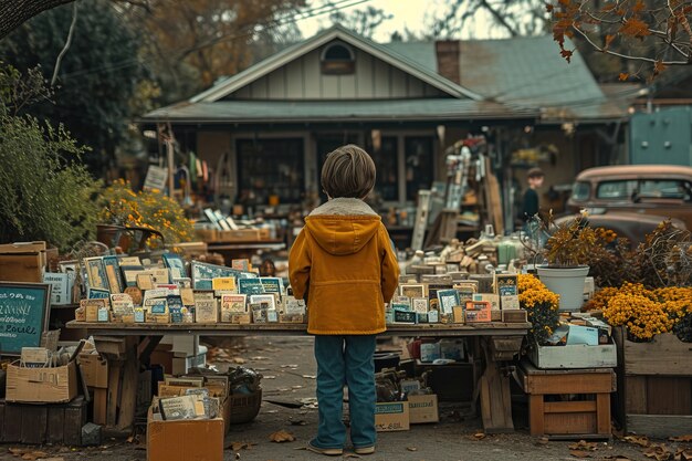 Scena realistica con un bambino piccolo ad una vendita di giardino nel quartiere