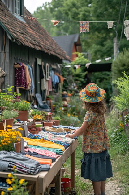 Scena realistica con un bambino piccolo ad una vendita di giardino nel quartiere