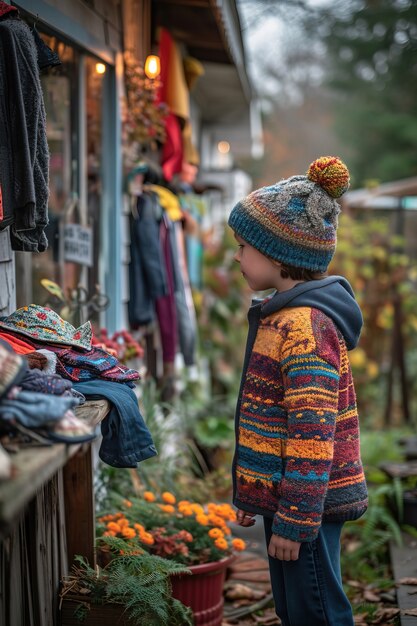 Scena realistica con un bambino piccolo ad una vendita di giardino nel quartiere