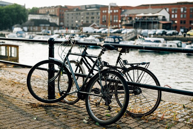 Scena suburbana di case con canali e biciclette