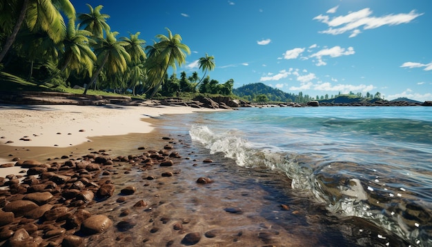 Scena tranquilla acqua blu spiaggia sabbiosa palme e tramonto generati da intelligenza artificiale
