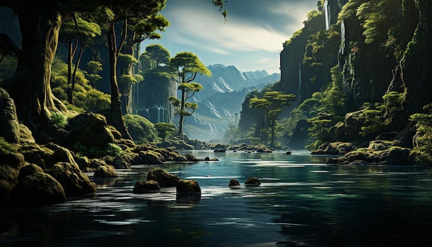 Scena tranquilla che scorre acqua catena montuosa di colore verde scena rurale generata da intelligenza artificiale