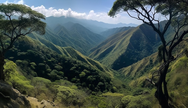 Scena tranquilla degli alberi verdi della catena montuosa maestosa generata da AI