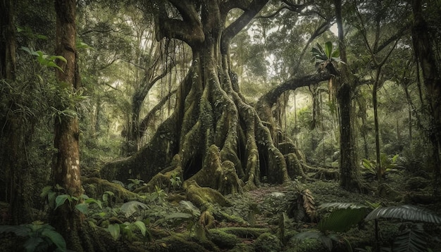 Scena tranquilla dell'antica bellezza della foresta pluviale tropicale generata dall'intelligenza artificiale