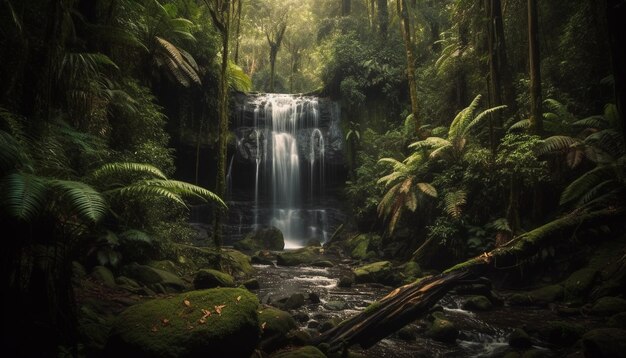 Scena tranquilla di acqua che scorre nella foresta generata dall'intelligenza artificiale