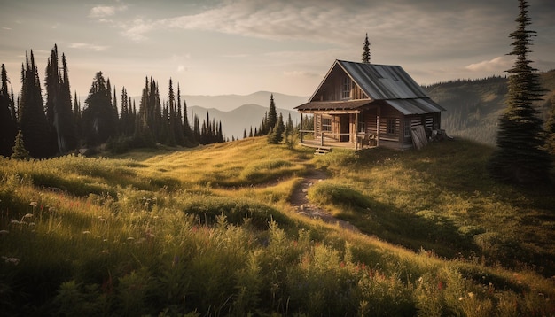 Scena tranquilla di cottage rustico nel prato generato dall'intelligenza artificiale