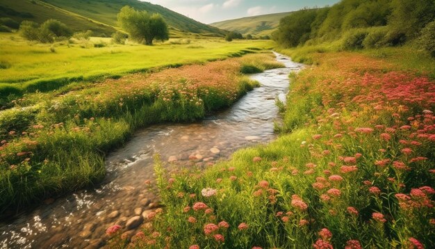 Scena tranquilla di fiori selvatici e alberi in un paesaggio montano non urbano generato dall'intelligenza artificiale