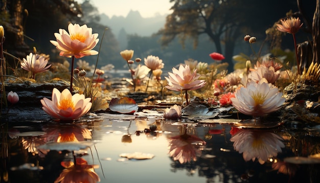 Scena tranquilla di un singolo fiore di loto che galleggia sull'acqua generata dall'intelligenza artificiale