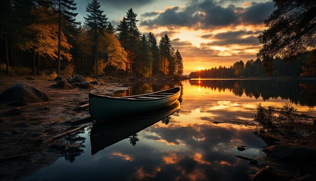 Scena tranquilla foresta acqua tramonto riflessione albero bellezza nella natura generata dall'intelligenza artificiale