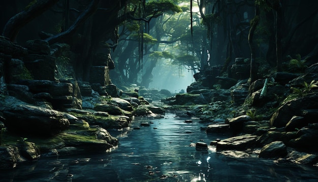 Scena tranquilla foresta oscura roccia bagnata acqua che scorre bellezza misteriosa generata dall'intelligenza artificiale