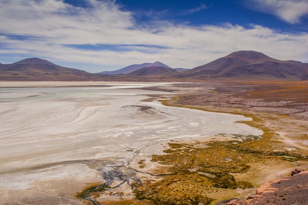 Scenario affascinante della laguna salata nel deserto di Atacama in Cile