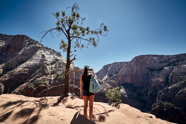 Scenario soleggiato di una viaggiatrice nel Parco Nazionale di Zion situato nello Utah, USA