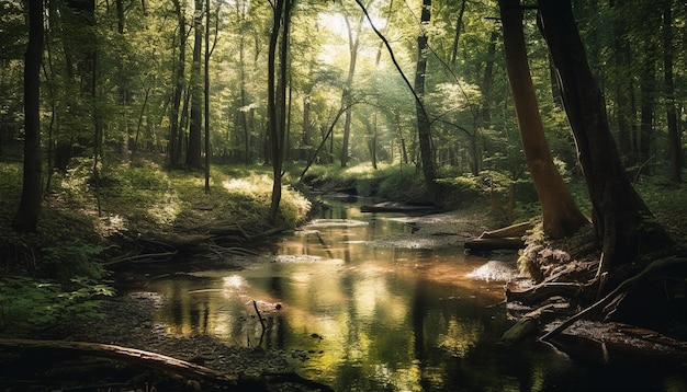 Scenario tranquillo di alberi verdi dall'acqua che scorre generata dall'IA