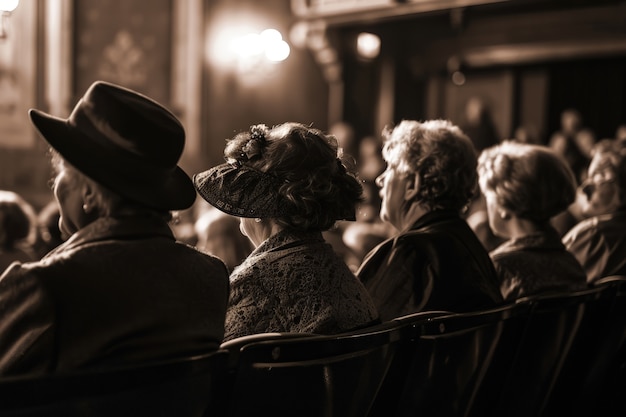 Scene della giornata mondiale del teatro retrò con il pubblico seduto nella platea di un teatro