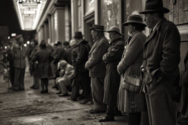 Scene della giornata mondiale del teatro retrò con persone in fila all'ingresso del teatro