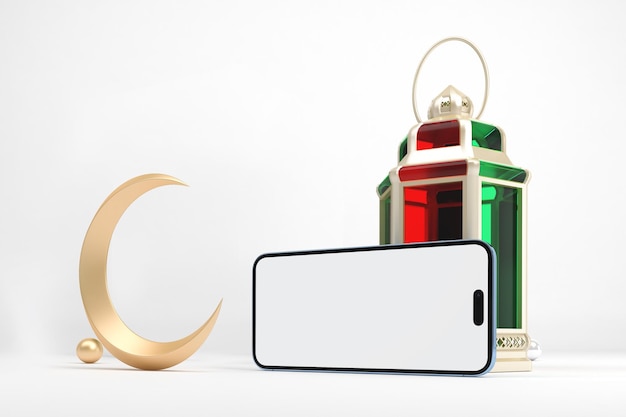 Schermo del telefono Ramadan 14 e lato destro della lanterna su sfondo bianco