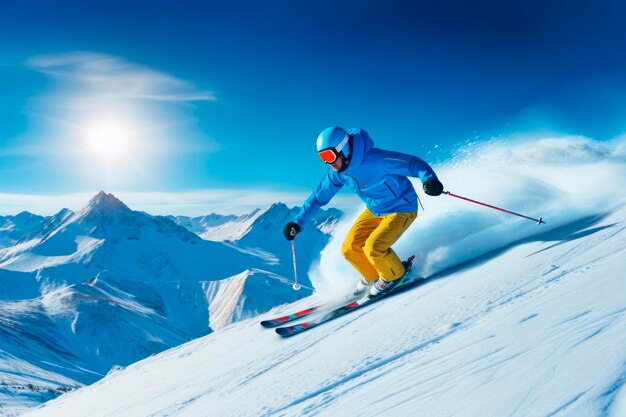 sciatore che scia una montagna di neve in una giornata di sole