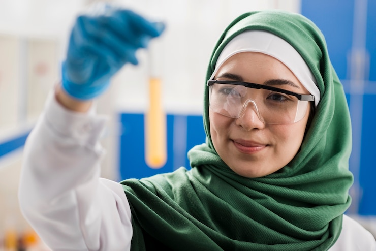 Foto gratuito scienziata femminile con la sostanza della tenuta di hijab
