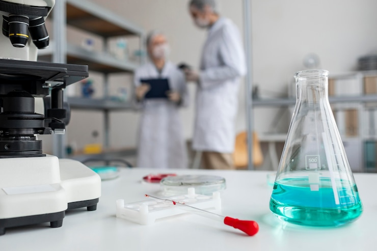 Foto gratuito scienziati sfocati del colpo medio che discutono