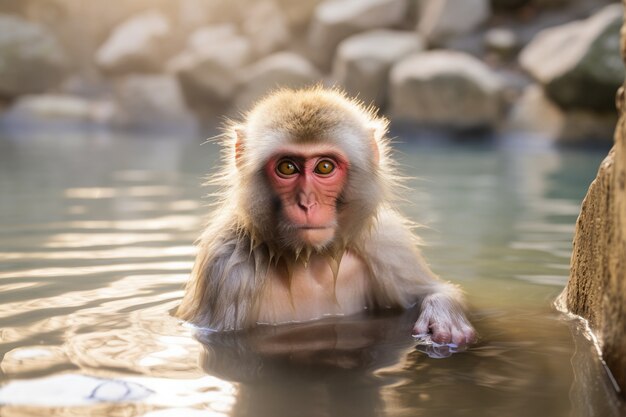 Scimmia che fa il bagno nel fiume