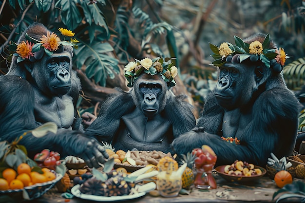 Scimmie che si godono un picnic in un mondo immaginario