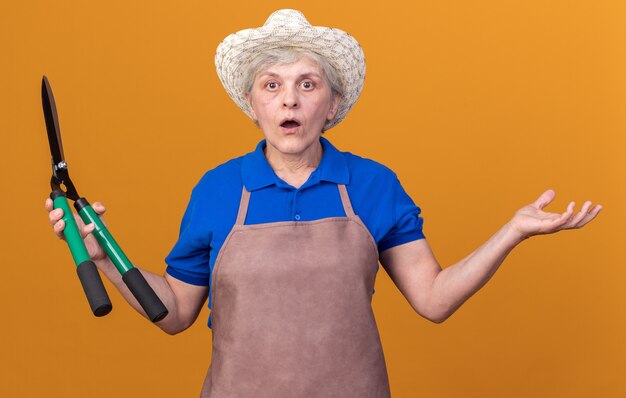 Scioccato giardiniere donna anziana che indossa cappello da giardinaggio tenendo forbici da giardinaggio e tenendo la mano aperta